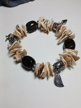 Shell Chip Stretch Bracelets (2) with Dark Stone Beads and Leaf Charms